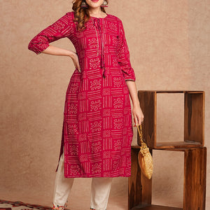 Ethnic Bandhani Foil Printed Straight Fit Kurta - Magenta