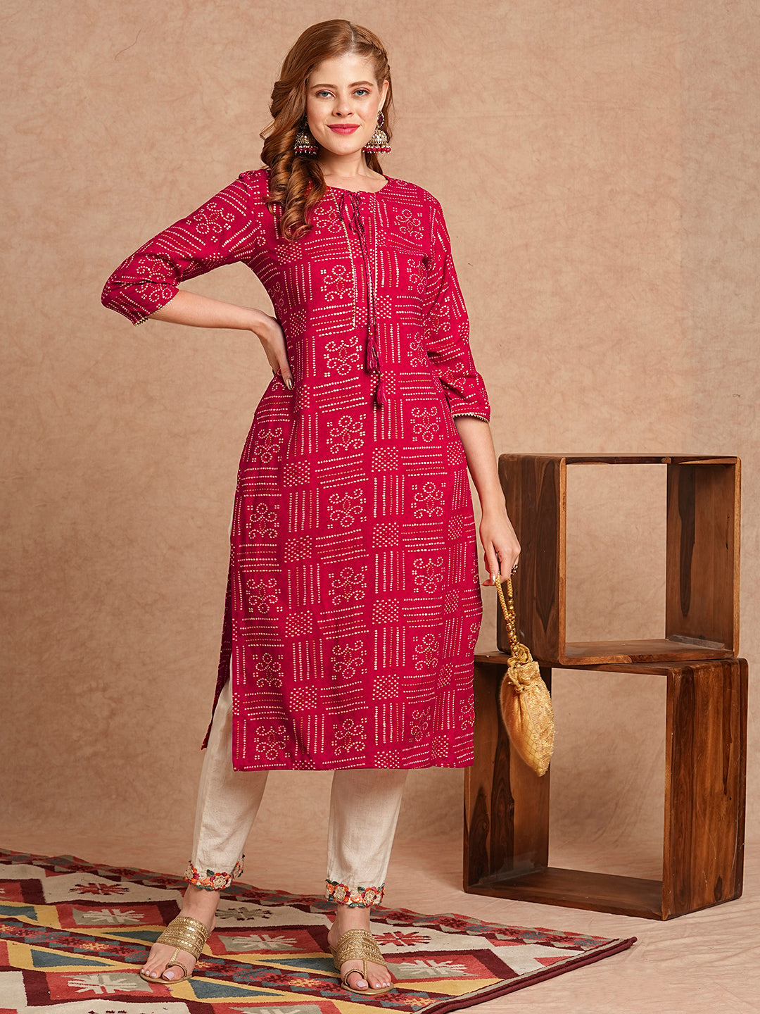 Ethnic Bandhani Foil Printed Straight Fit Kurta - Magenta