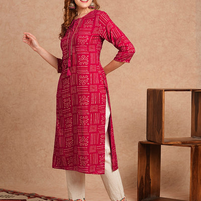 Ethnic Bandhani Foil Printed Straight Fit Kurta - Magenta