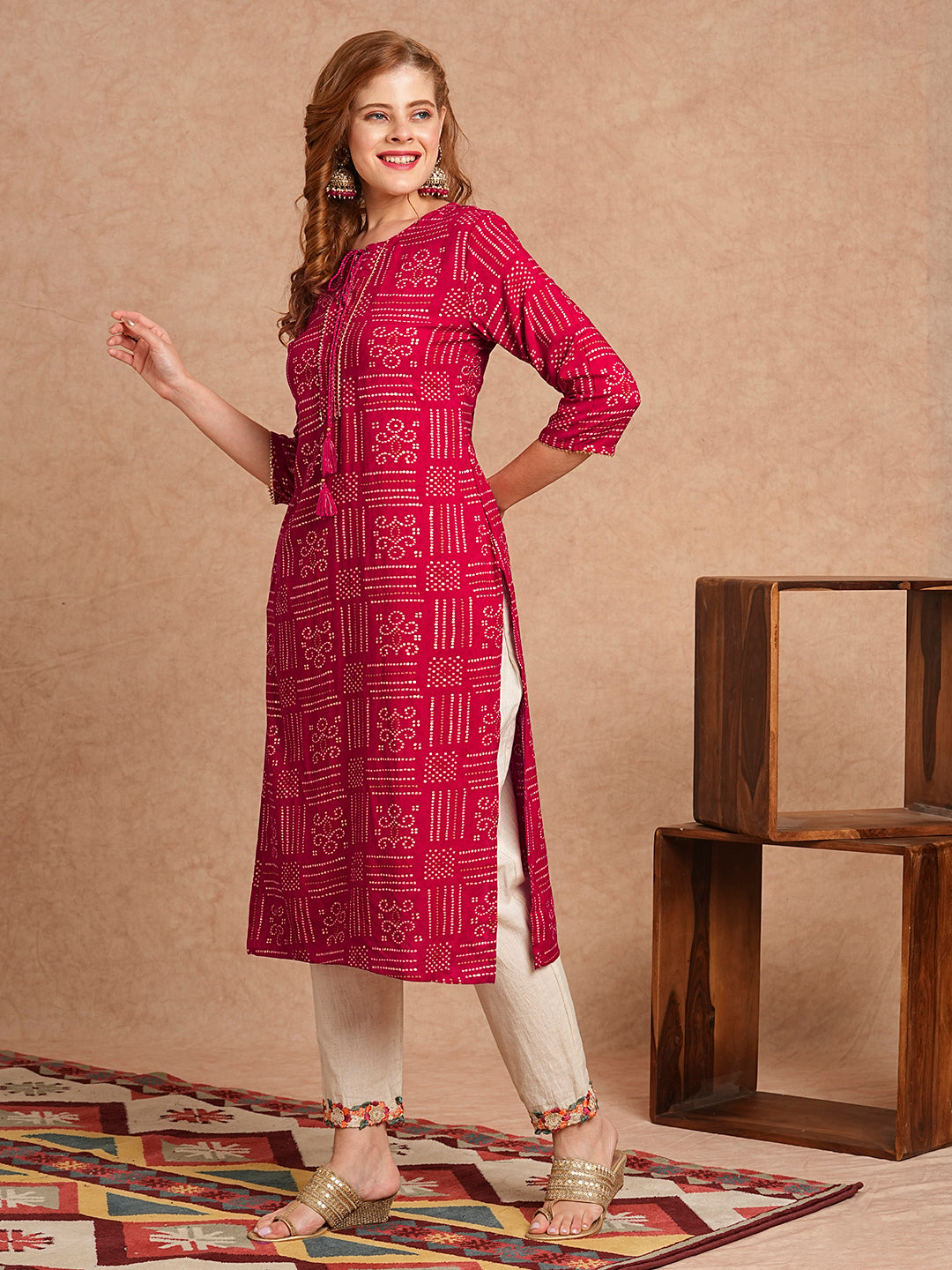 Ethnic Bandhani Foil Printed Straight Fit Kurta - Magenta