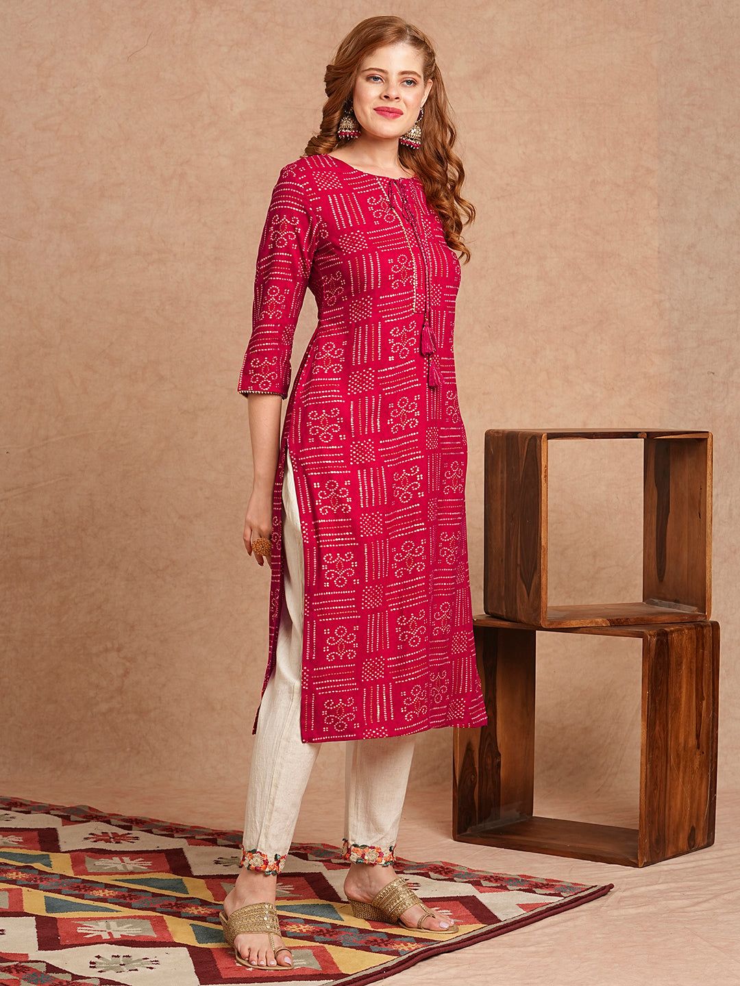 Ethnic Bandhani Foil Printed Straight Fit Kurta - Magenta