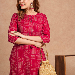Ethnic Bandhani Foil Printed Straight Fit Kurta - Magenta