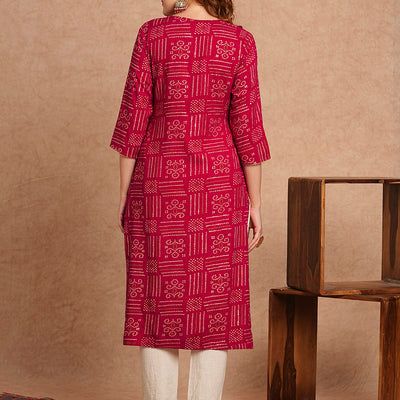 Ethnic Bandhani Foil Printed Straight Fit Kurta - Magenta