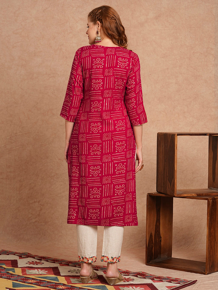 Ethnic Bandhani Foil Printed Straight Fit Kurta - Magenta