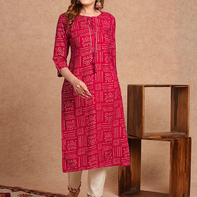 Ethnic Bandhani Foil Printed Straight Fit Kurta - Magenta