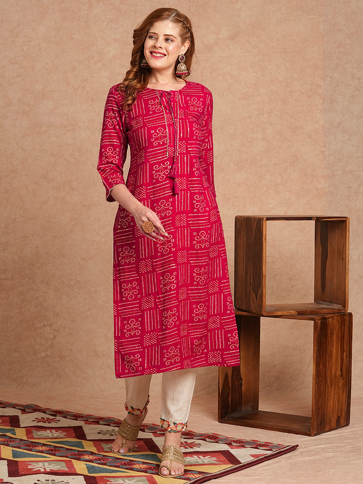 Ethnic Bandhani Foil Printed Straight Fit Kurta - Magenta