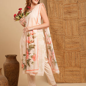 Floral Printed & Embroidered Kurta with Pant & Pure Cotton Dupatta - Cream