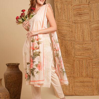 Floral Printed & Embroidered Kurta with Pant & Pure Cotton Dupatta - Cream