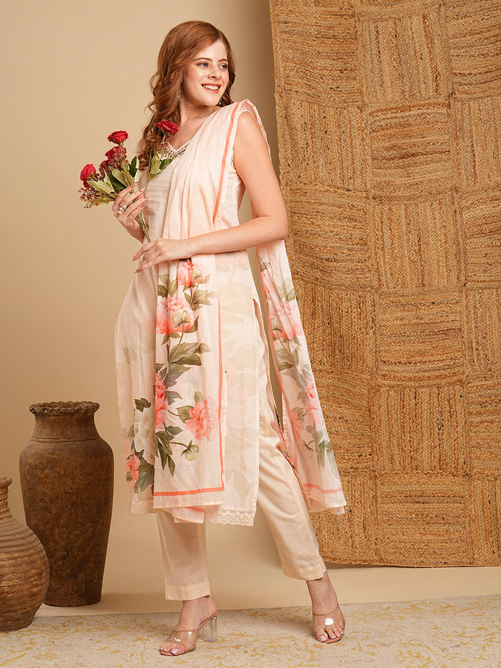 Floral Printed & Embroidered Kurta with Pant & Pure Cotton Dupatta - Cream