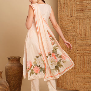 Floral Printed & Embroidered Kurta with Pant & Pure Cotton Dupatta - Cream