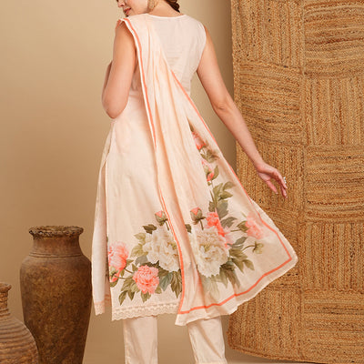 Floral Printed & Embroidered Kurta with Pant & Pure Cotton Dupatta - Cream