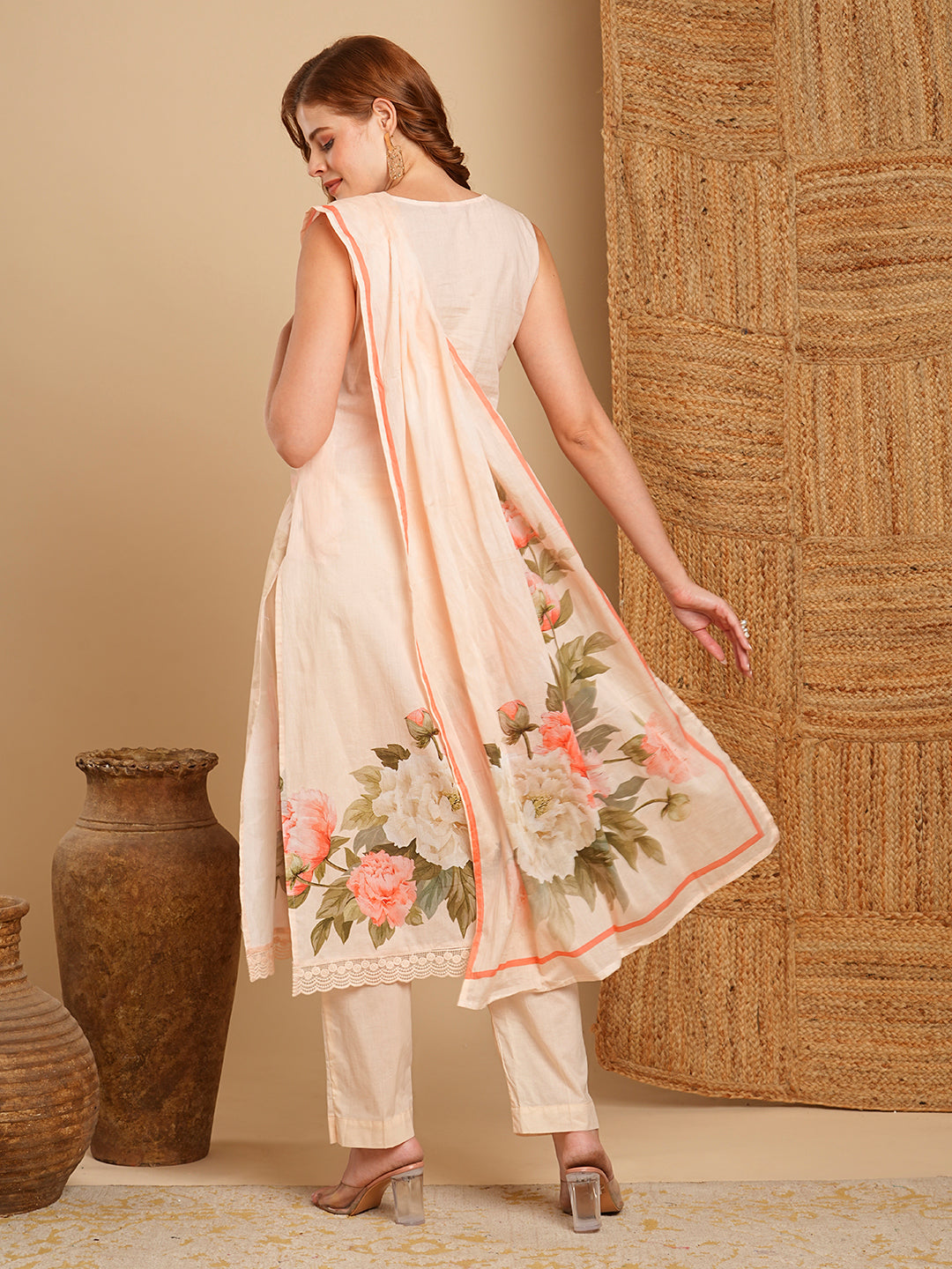 Floral Printed & Embroidered Kurta with Pant & Pure Cotton Dupatta - Cream