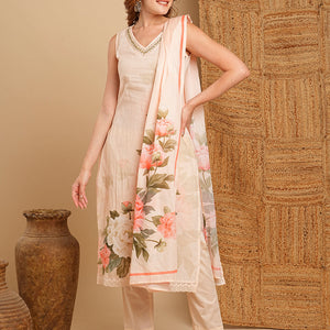 Floral Printed & Embroidered Kurta with Pant & Pure Cotton Dupatta - Cream