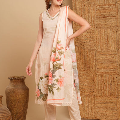 Floral Printed & Embroidered Kurta with Pant & Pure Cotton Dupatta - Cream