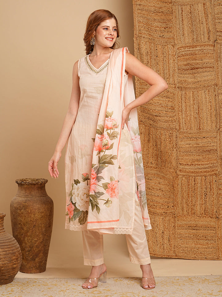 Floral Printed & Embroidered Kurta with Pant & Pure Cotton Dupatta - Cream