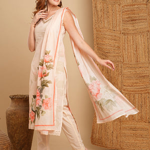 Floral Printed & Embroidered Kurta with Pant & Pure Cotton Dupatta - Cream