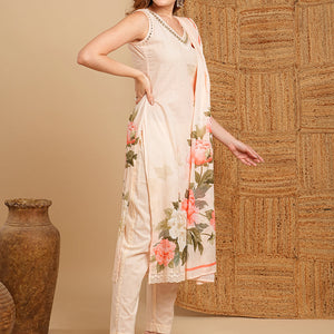 Floral Printed & Embroidered Kurta with Pant & Pure Cotton Dupatta - Cream