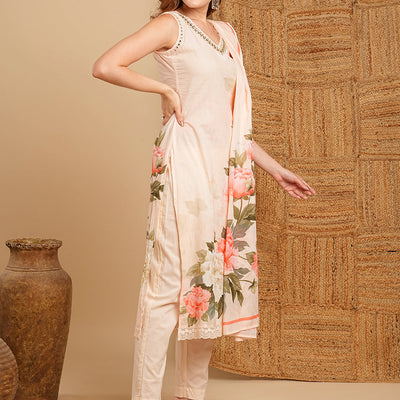 Floral Printed & Embroidered Kurta with Pant & Pure Cotton Dupatta - Cream
