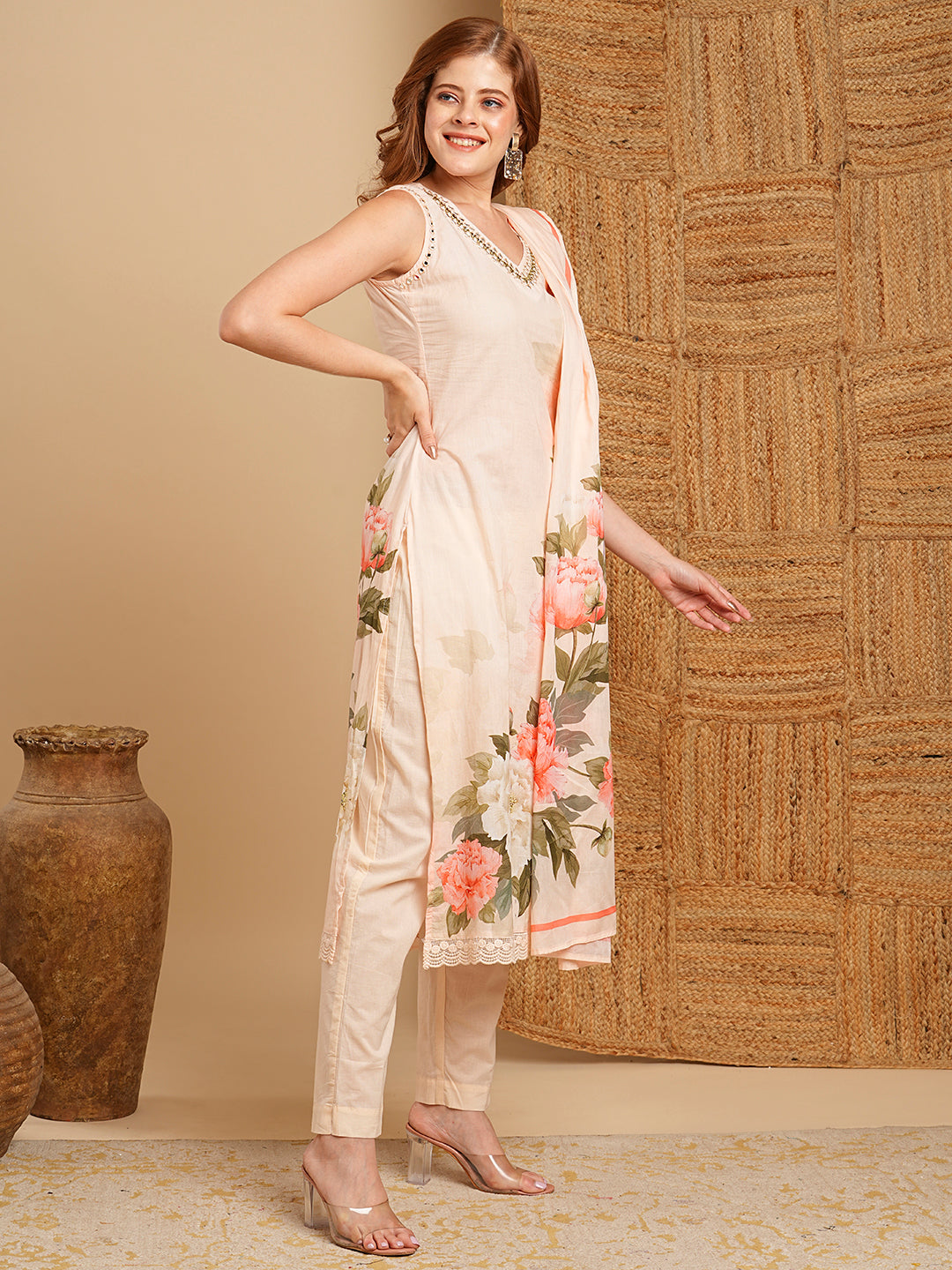 Floral Printed & Embroidered Kurta with Pant & Pure Cotton Dupatta - Cream