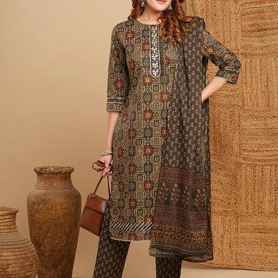 Ethnic Printed & Embroidered Kurta with Pant & Pure Cotton Dupatta - Grey