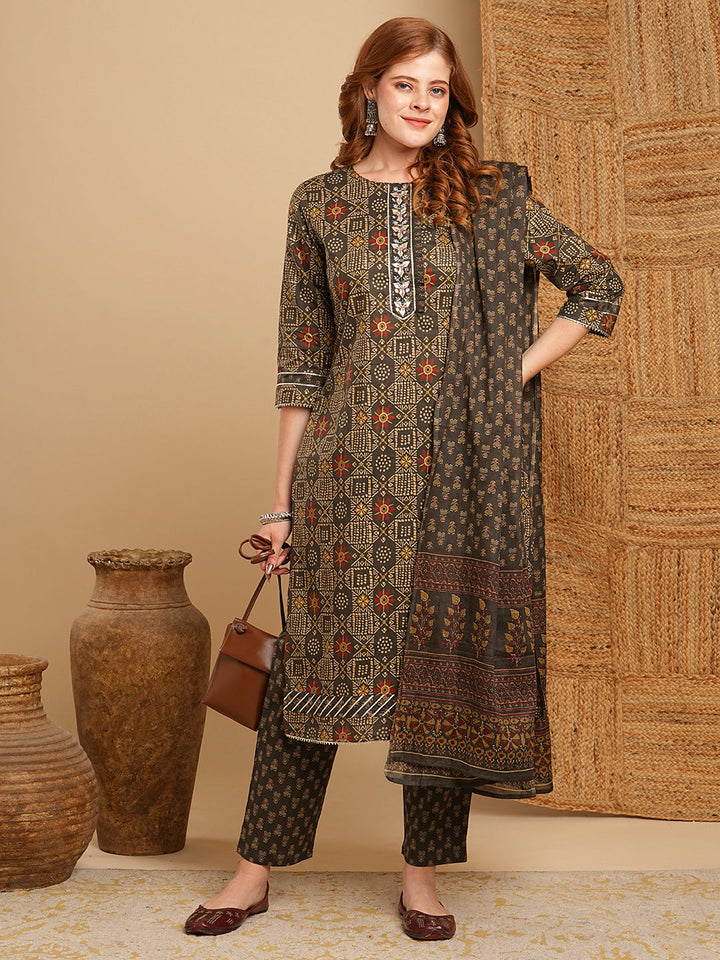 Ethnic Printed & Embroidered Kurta with Pant & Pure Cotton Dupatta - Grey