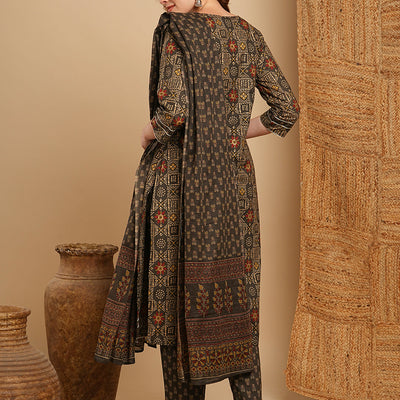Ethnic Printed & Embroidered Kurta with Pant & Pure Cotton Dupatta - Grey