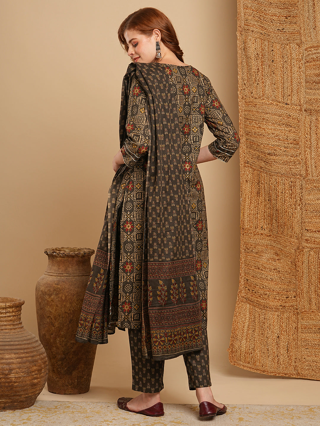 Ethnic Printed & Embroidered Kurta with Pant & Pure Cotton Dupatta - Grey