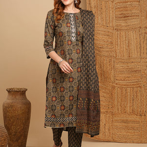 Ethnic Printed & Embroidered Kurta with Pant & Pure Cotton Dupatta - Grey