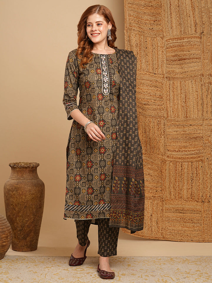 Ethnic Printed & Embroidered Kurta with Pant & Pure Cotton Dupatta - Grey