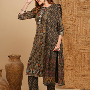 Ethnic Printed & Embroidered Kurta with Pant & Pure Cotton Dupatta - Grey