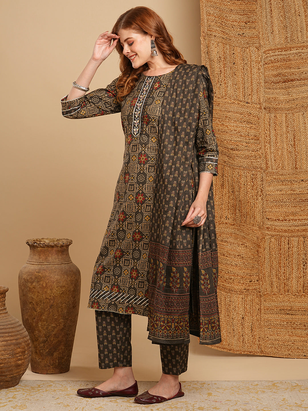 Ethnic Printed & Embroidered Kurta with Pant & Pure Cotton Dupatta - Grey