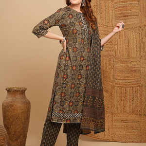 Ethnic Printed & Embroidered Kurta with Pant & Pure Cotton Dupatta - Grey