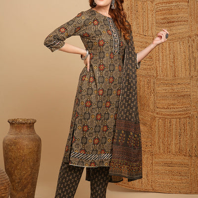 Ethnic Printed & Embroidered Kurta with Pant & Pure Cotton Dupatta - Grey