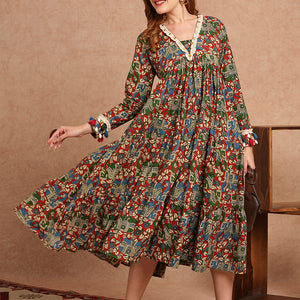 Ethnic Animal Printed Embroidered A-Line Pleated Tiered Flared Midi Dress - Multi
