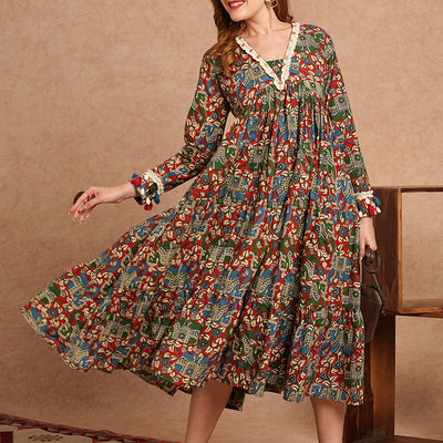 Ethnic Animal Printed Embroidered A-Line Pleated Tiered Flared Midi Dress - Multi