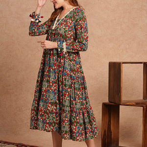 Ethnic Animal Printed Embroidered A-Line Pleated Tiered Flared Midi Dress - Multi