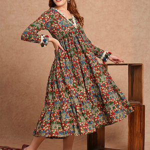 Ethnic Animal Printed Embroidered A-Line Pleated Tiered Flared Midi Dress - Multi