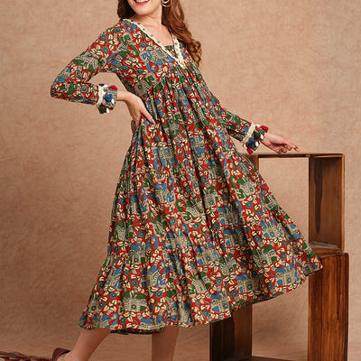 Ethnic Animal Printed Embroidered A-Line Pleated Tiered Flared Midi Dress - Multi