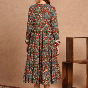 Ethnic Animal Printed Embroidered A-Line Pleated Tiered Flared Midi Dress - Multi