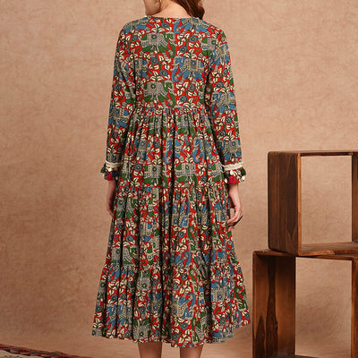Ethnic Animal Printed Embroidered A-Line Pleated Tiered Flared Midi Dress - Multi