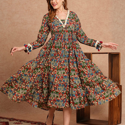 Ethnic Animal Printed Embroidered A-Line Pleated Tiered Flared Midi Dress - Multi