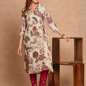 Ethnic & Floral Printed & Kantha Embroidered Straight Fit Kurta - Off White