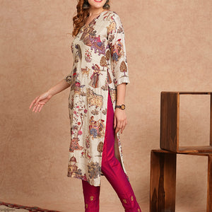 Ethnic & Floral Printed & Kantha Embroidered Straight Fit Kurta - Off White