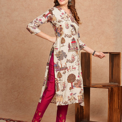 Ethnic & Floral Printed & Kantha Embroidered Straight Fit Kurta - Off White