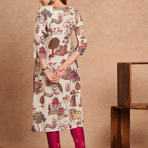 Ethnic & Floral Printed & Kantha Embroidered Straight Fit Kurta - Off White