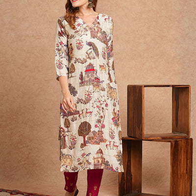 Ethnic & Floral Printed & Kantha Embroidered Straight Fit Kurta - Off White