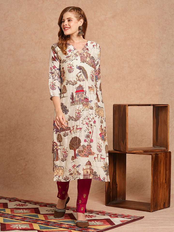 Ethnic & Floral Printed & Kantha Embroidered Straight Fit Kurta - Off White