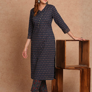Ethnic Printed Straight Fit Kurta with Pant - Blue