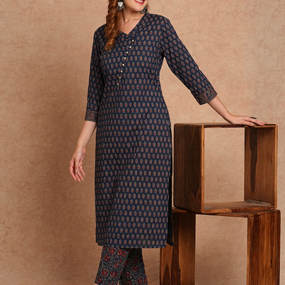 Ethnic Printed Straight Fit Kurta with Pant - Blue