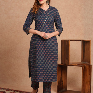 Ethnic Printed Straight Fit Kurta with Pant - Blue
